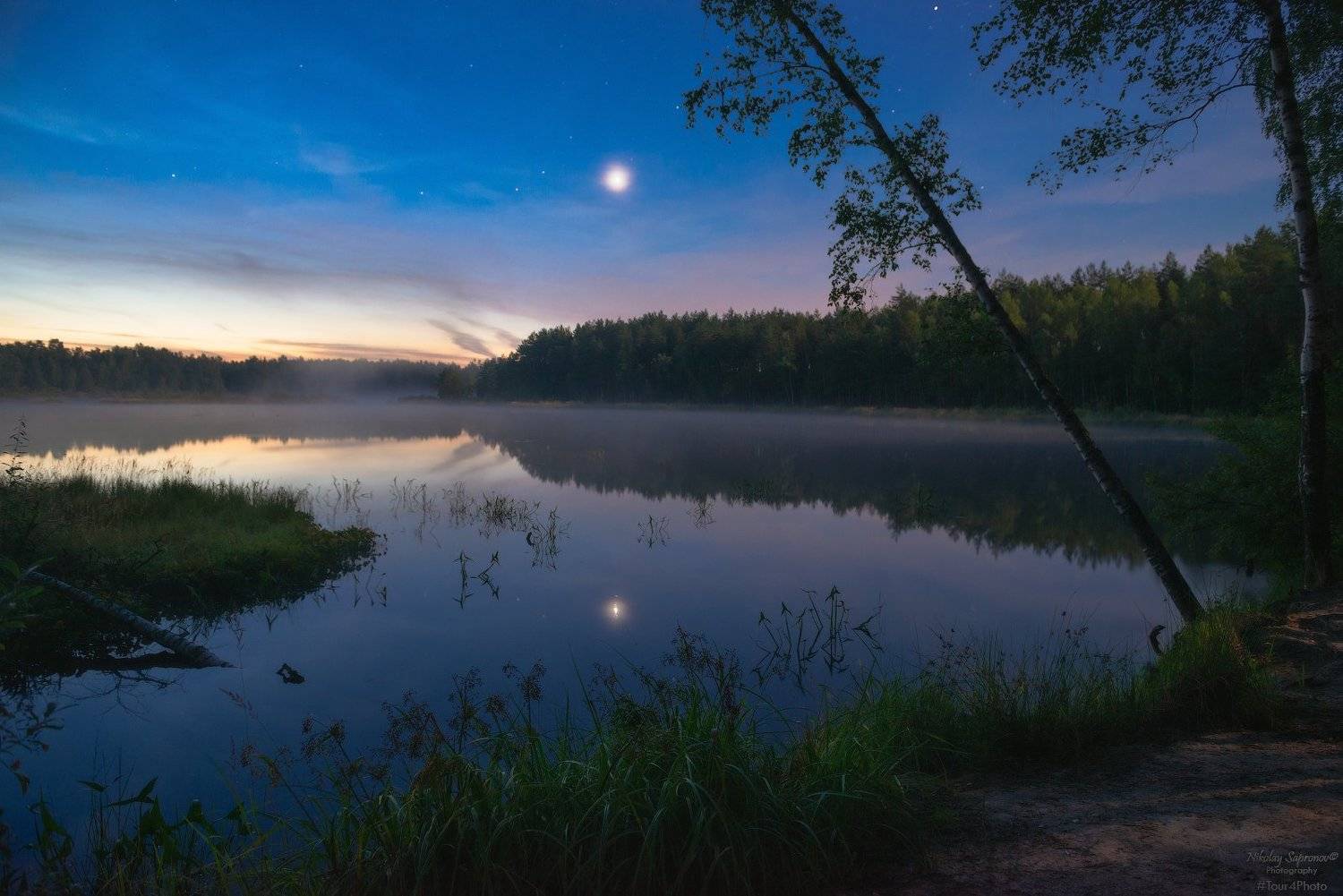 владимирская область, киржачский район, ночь, ночной пейзаж, звездная ночь, лунная ночь, лунный свет, летняя ночь, лесное озеро, озеро, березы, пейзаж, Николай Сапронов