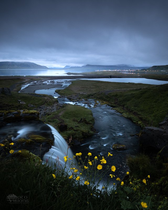iceland,night,blue hour,kirkjufellsfoss,waterfall,city,mountains,nature, Night time by the Kirkjufellsfossphoto preview