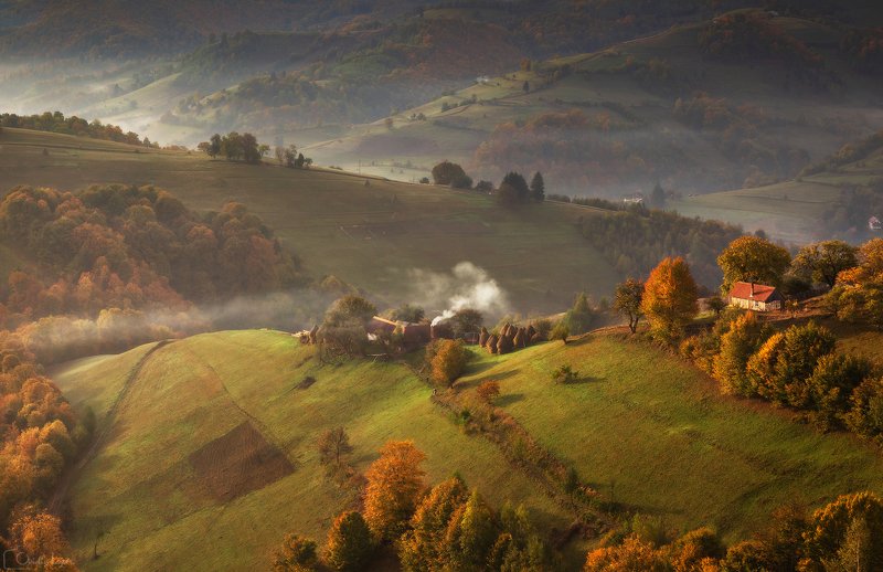 autumn, trees, light, village, landscape, travel, nature, mountain, romania, cold, sunrise Autumn Storyphoto preview