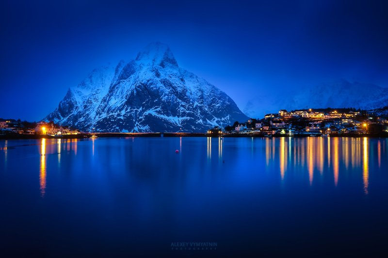 lofoten, norway, winter, mirror, water, blue hour, lights Зимний вечер на Лофотенахphoto preview