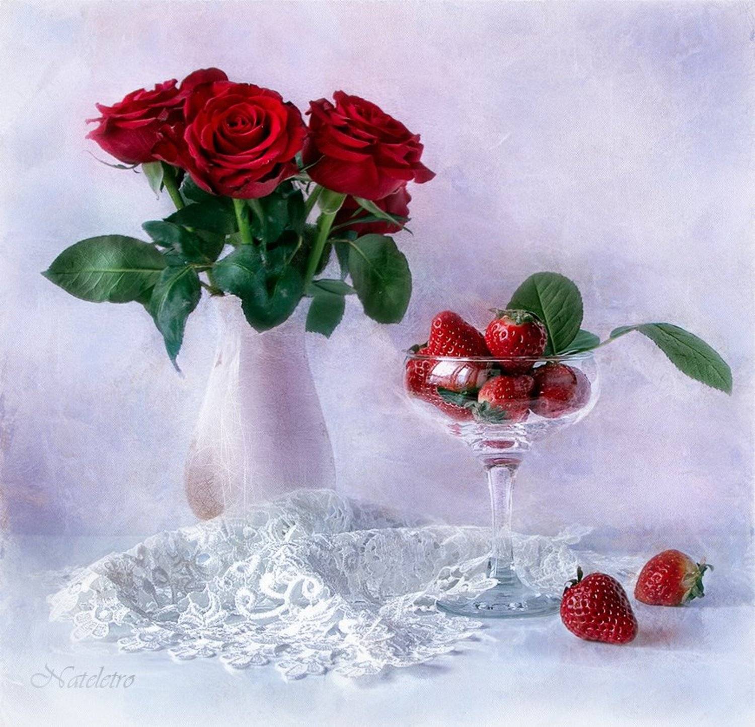 ~***~. Автор: Наталья Кузнецова (Nateletro) натюрморт, цветы, , розы, клубника, бокал, Наталья Кузнецова (Nateletro)