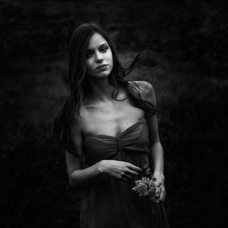 black & white, portrait, she, light, grass, eye, woman, Black grassphoto preview