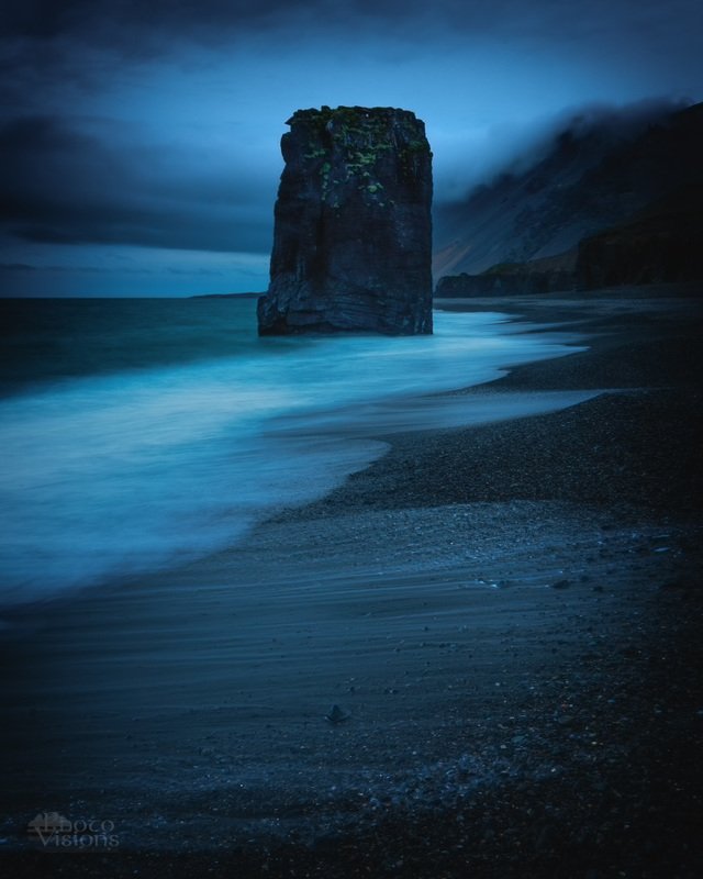 fauskasandur,iceland,night,blue hour,monolith,sea stack,rock,landscape,sea shore,shoreline,coast, The Monolithphoto preview