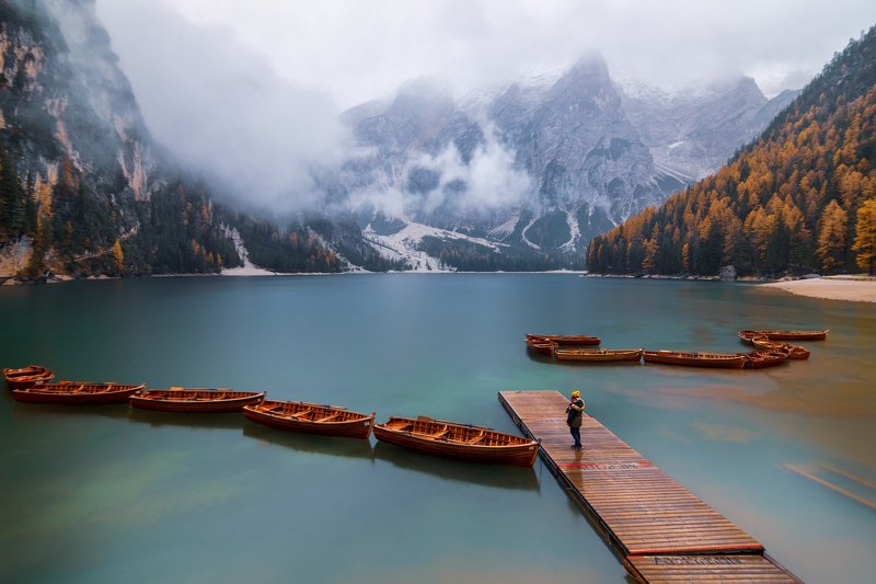dolomites, lago di braies, autumn, landscape, boats, scenery Lago din Braiesphoto preview