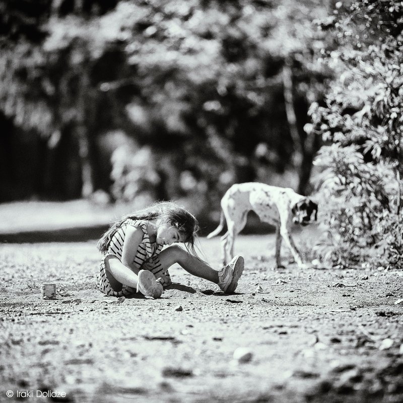 black and white, b&w, girl, dog, hungry, playing time, outdoor No titlephoto preview