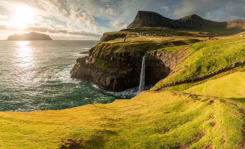 faroe, faroeislands, gasadalur, waterfall, landscape, sunset Gasadalur waterfallphoto preview