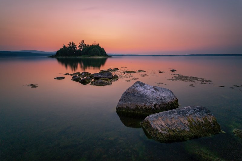 озеро, закат, вечер, горы, вода, камни, берег, южный урал, лето Три минуты Большого Кисегачаphoto preview