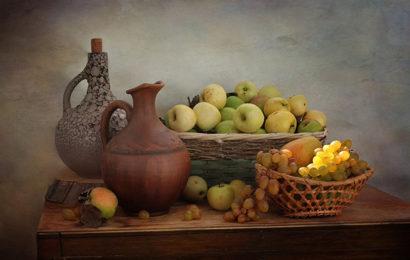 натюрморт, осень, кувшин, арбуз, яблоки, корзина, виноград Щедрая пораphoto preview