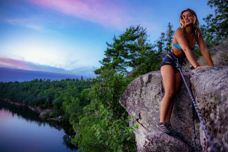 canada, ontario, climbing, rock, cliff, lake, girl, sport, beauty, sunset, nature, girl, woman, extreme, adventure, win, top, top of the rock, muskoka, Sunset victory photo preview