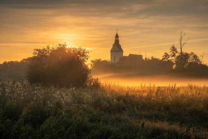 foggy, fog, morning, sunrise, landscape, nature, church, meadow Foggy morning in Jeziorka valleyphoto preview