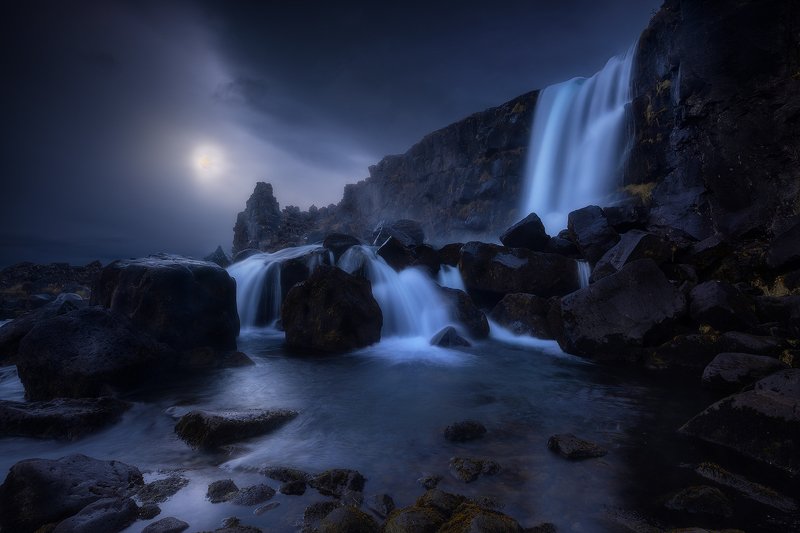 oxararfoss, iceland, waterfall, river, rocks, landscape, night, moon,  oxararfoss photo preview
